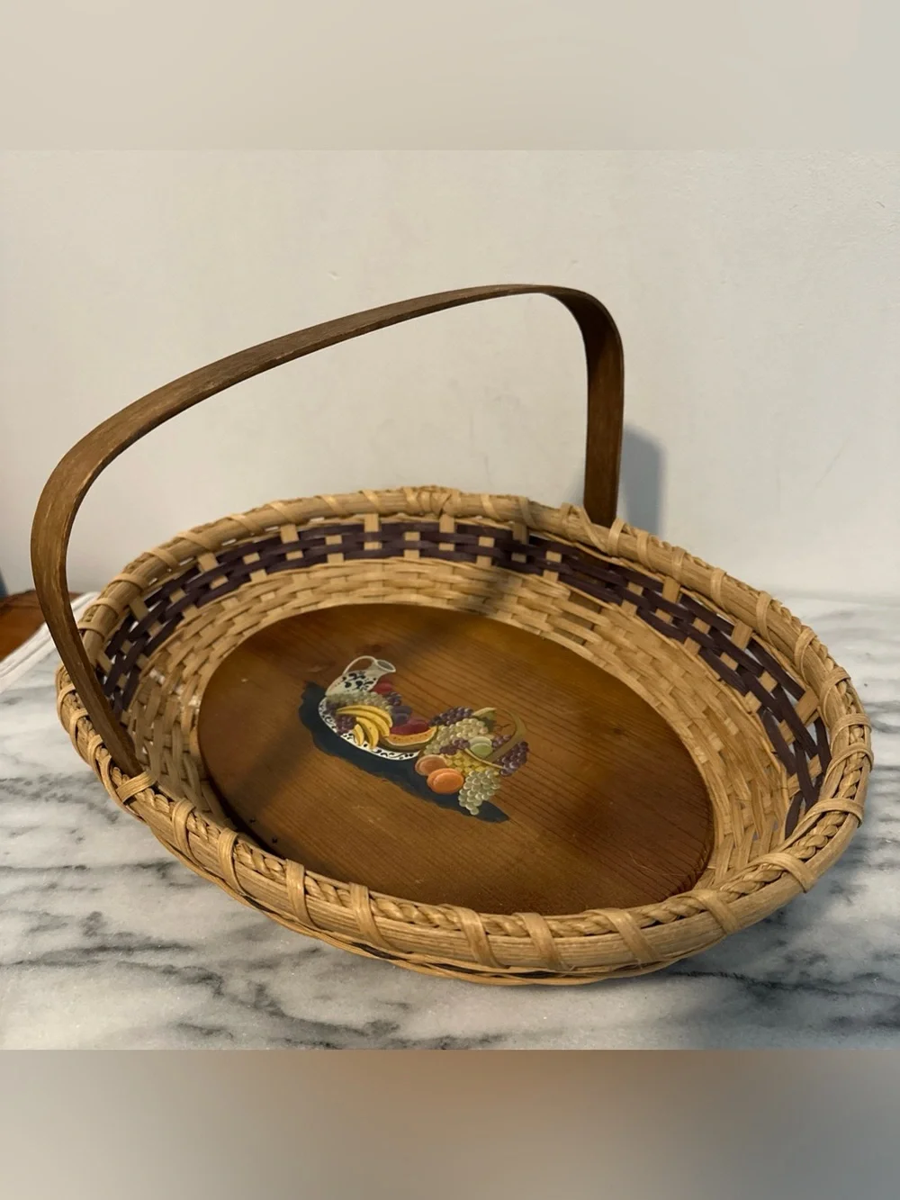 Nantucket style Woven painted Fruit Basket Tray with Wooden Handle - Brown folk